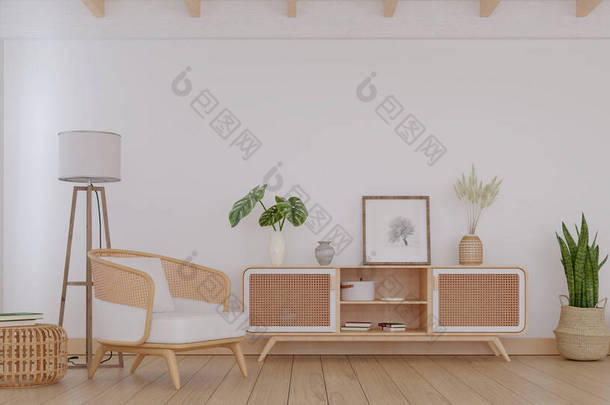 白色客厅，配有藤制<strong>家具</strong>和时尚装饰，3D渲染 