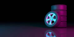 霓虹灯下黑色背景上的黑色轮子，3D插图