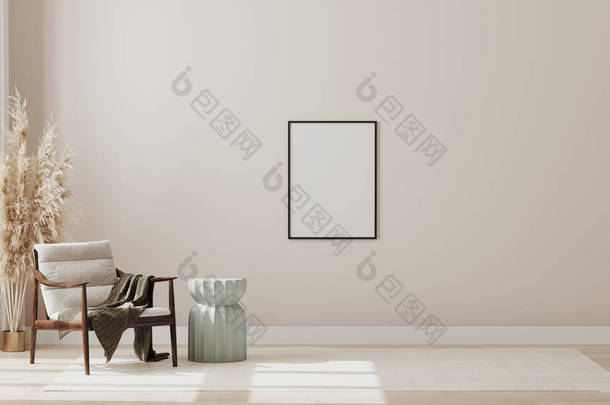 简约现代客厅内部背景的墙上空白的招贴画框架，以丑闻式的客厅<strong>造型</strong>，3D渲染