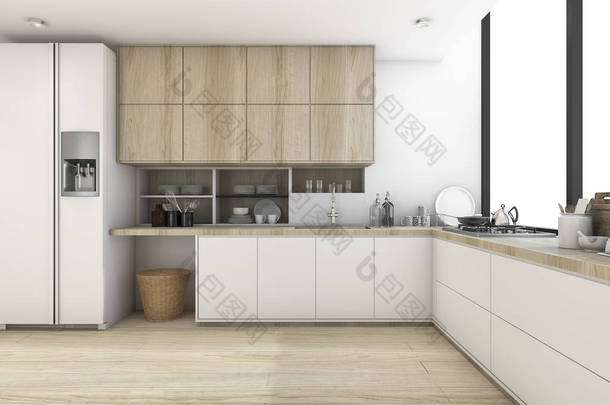 3d 渲染斯堪的纳维亚厨房与白色木结构设计