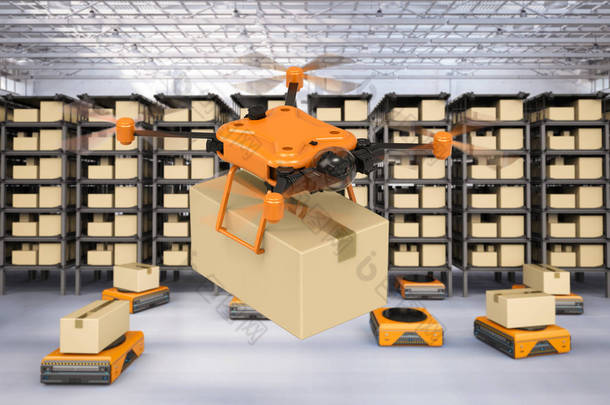 3d 渲染交付无人机的自动化仓库概念手持纸板箱和仓库机器人