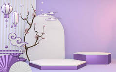 日本现代的白色和紫色彩绘几何。 3D渲染