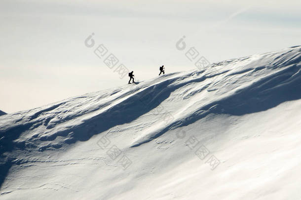 两名野外滑雪者徒步爬<strong>上一</strong>座长山的山脊, 朝向瑞士阿尔卑斯山克洛斯特斯附近的山顶<strong>上</strong>过冬。