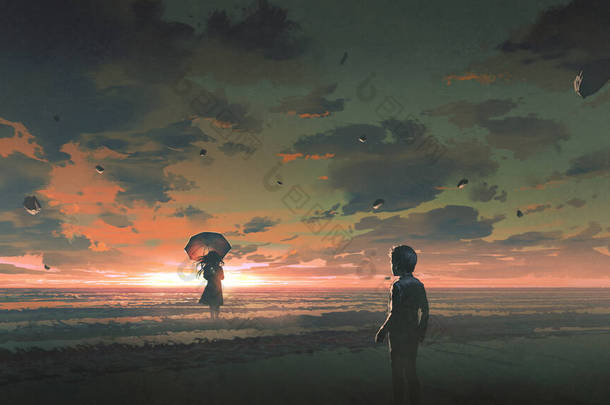 一个男孩看着那神秘的女人，带着雨伞站在大海的夕阳西下，数字艺术风格，插图绘画