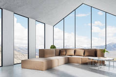 明亮房间中的褐色沙发，带有大的全景三角形窗户，景观，室内设计理念，3D渲染