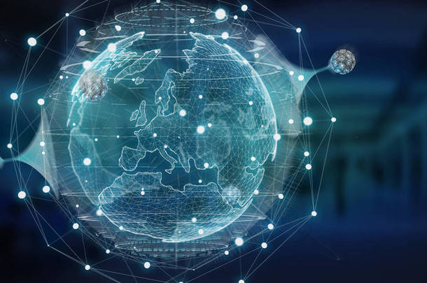 带数字连接的全球网络全息图, 蓝色背景3d 渲染