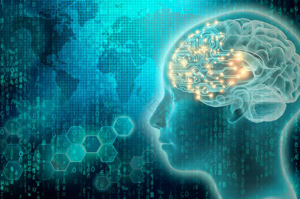 Pcb 大脑与 3d 渲染人头轮廓。人工智能或人工智能概念。未来<strong>科技</strong>混合媒体<strong>插图</strong>.