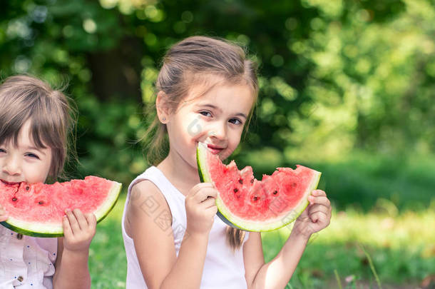 两个可爱的小女孩<strong>姐妹</strong>吃西瓜在自然, 玩和有乐趣, 婴儿食品概念和家庭时间消费