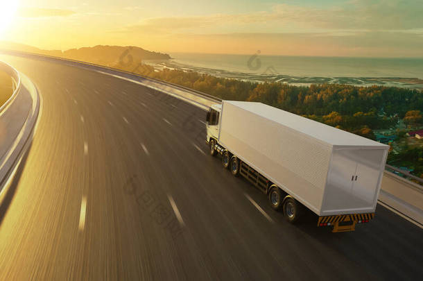从后视角看运货卡车在公<strong>路上</strong>行驶，具有日出景观、速递、物流和货运概念。3d渲染.