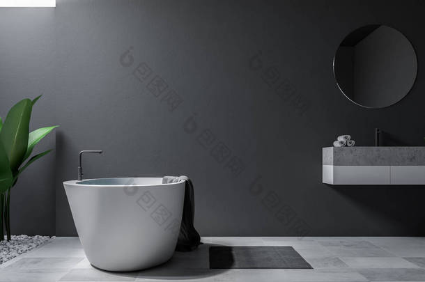 大浴室内有灰色的墙壁, <strong>瓷砖</strong>地板, 一个水槽与圆形镜子和浴缸。3d 渲染模拟