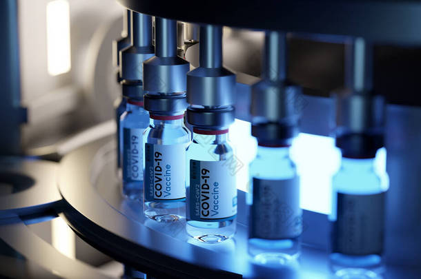 新疫苗的研制和制造过程.Covid-19疫苗填充瓶的最后生产。生物科学3D图解.