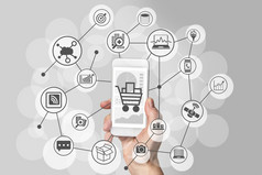手机购物体验，手持智能手机连接到网上商店购买消费品