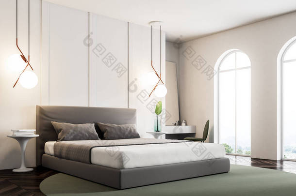 卧室的一个角落里有白色的墙壁, <strong>一层</strong>有地毯的木地板, 一张双人床和一个角落里高高的镜子的化妆桌。3d 渲染模拟