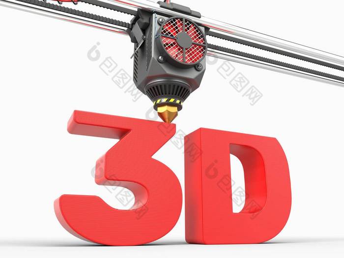 在3D打印机头下打印3D字。适合3D打印技术和字母表主题。3d说明