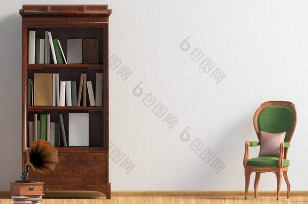 经典的内饰与<strong>书柜</strong>和椅子。<strong>墙</strong>上的模拟。3d 插图.
