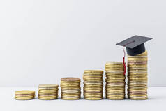 白墙背景上的金币和毕业生帽的成长图。商业和教育概念。3D渲染