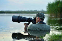 站在水中的野生动物摄影师