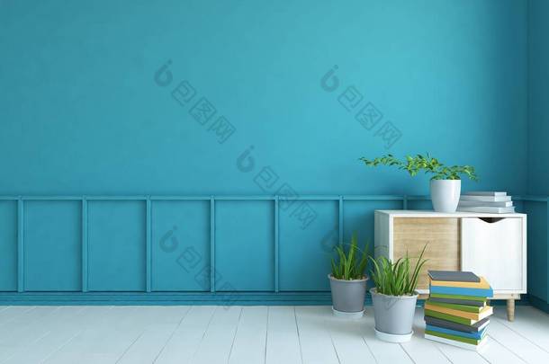 蓝色丑闻室室内装饰元素的概念。家里的北欧内陆。3D插图 