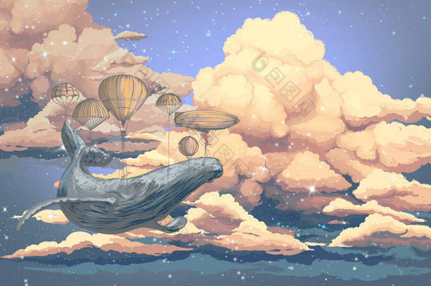 色彩艳丽的星空壁纸.用气球在<strong>空中</strong>的鲸鱼。蓝色背景上的云彩图解。漂亮的滑雪板。书画，卡片，明信片，壁纸，壁画
