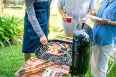 一群成熟的中年人士在绿色公园烹饪 bbq 举行野餐派对