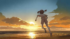 日出时赤脚跑到海滩上的女孩，数码艺术风格，插图绘画
