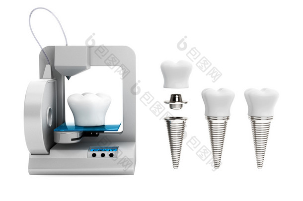 <strong>牙科</strong>技术概念。3d 打印机打印牙种植体 