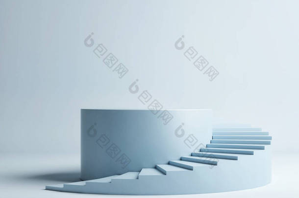 带基座的螺旋形楼梯，蓝色背景的获奖者领奖台，3D渲染，3D插图