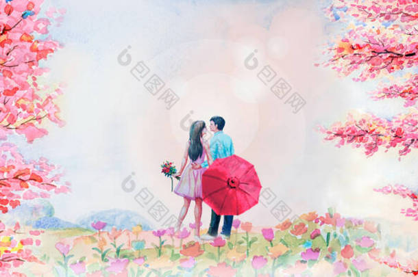深<strong>红</strong>色的野黑木兰樱桃在早上与男人和女人在花园美丽的背景。<strong>手绘</strong>美丽的大自然春天季节.水彩画<strong>风</strong>景或壁纸、明信片