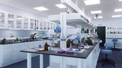 工作场所的桌子和架子上都有配备各种现代实验室设备的空的科学研究实验室室内。没有人的医学和科学概念3D说明从我的3D渲染.