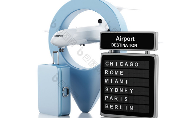  3d 机场董事会、 旅行箱和飞机。旅游概念