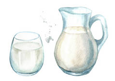 乳制品。壶与牛奶和玻璃。水彩手绘插图, 在白色背景下隔离