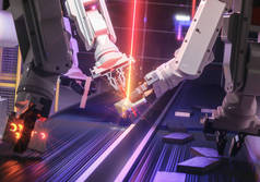 智能自动化行业机器人在行动焊接元-工业4.0 概念-3d 渲染