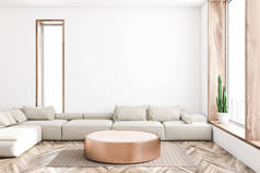 宽敞的客厅内部有白色墙壁、木地板、白色长沙发, 靠近圆形咖啡桌和大窗户。3d 渲染