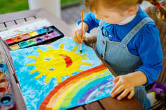 在大流行的验尸检疫期间，幼儿小女孩用水彩画彩虹和太阳。世界各地的孩子都在画彩虹，上面写着：