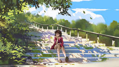 穿着红色衣服的年轻女子坐在公园的楼梯上，数码艺术风格，插图绘画