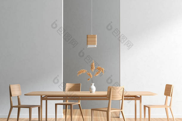 宽敞的现代用餐室，配有木椅和桌子. 