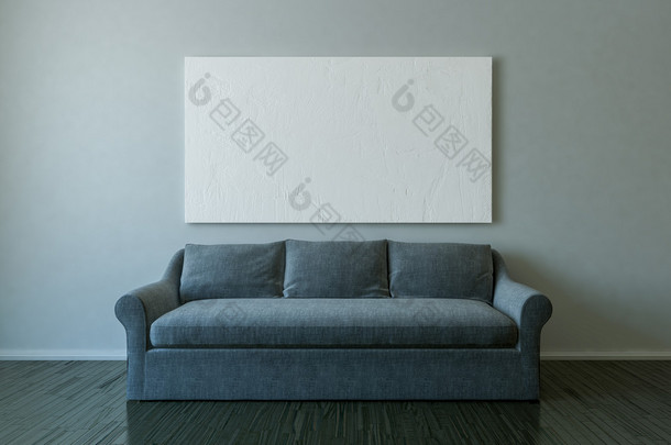 张空白的画布和沙发在空荡荡的房间样机-3d 图