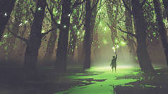 孤身一人与火炬站在童话森林