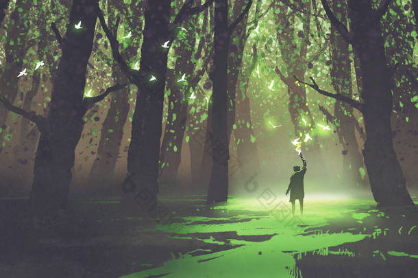 孤身一人与火炬站在童话森林