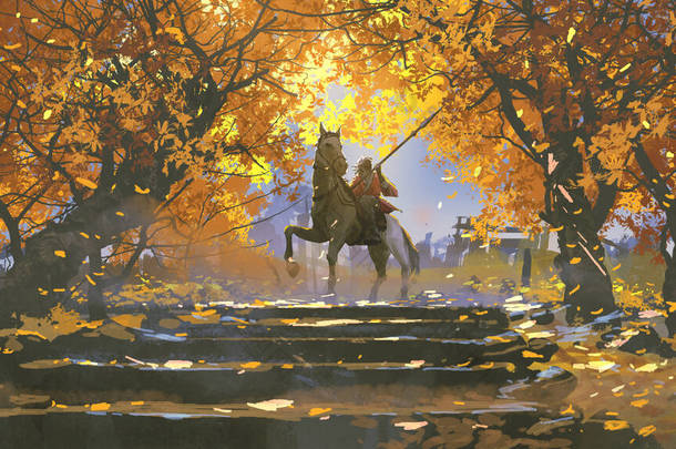 武士骑着马在秋天的森林里，数码艺术风格，插图绘画