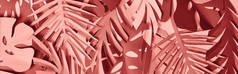 剪纸酒红色和粉红色棕榈叶的全景拍摄