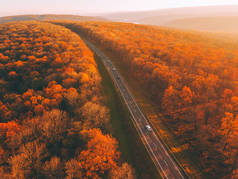 秋天的森林景观,从上方俯瞰乡村道路.色彩斑斓的自然背景。秋季森林无人驾驶飞机视图