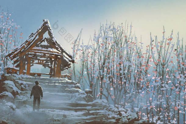 一个男人走上楼梯，走向废弃的寺庙废墟，数码艺术风格，插图绘画