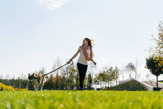 年轻活泼的女孩，和她的大狗走在绿草