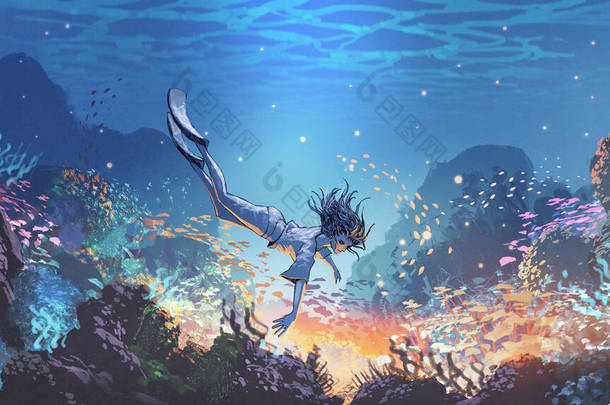 女人潜水看海底的神秘光芒，数码艺术风格，插图绘画