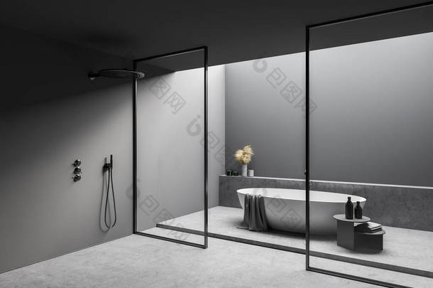 带有灰色墙壁和地板的时尚浴室<strong>角落</strong>，舒适的浴缸和淋浴间。3d渲染