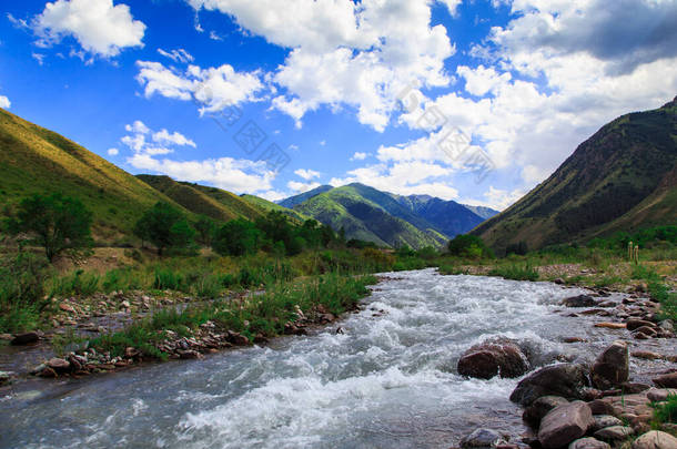 山间小河.夏天的风景Kegeti Gorge，吉尔吉斯斯坦.