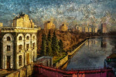 油画。对城市的河视图