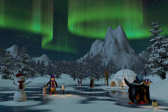 企鹅在冬季景观，3d 北极光下呈现