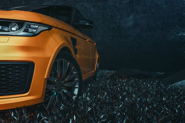 现代汽车在<strong>演播室</strong>里.3D插图和3d渲染.